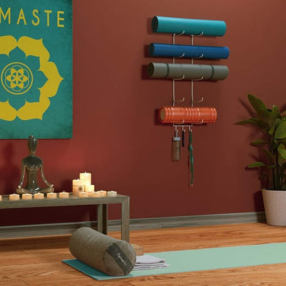 Wallniture Guru Yoga Mat Holder Wall Mount with 3 Hooks for Hanging Yoga Strap, Resistance Bands, 5-Sectional Metal