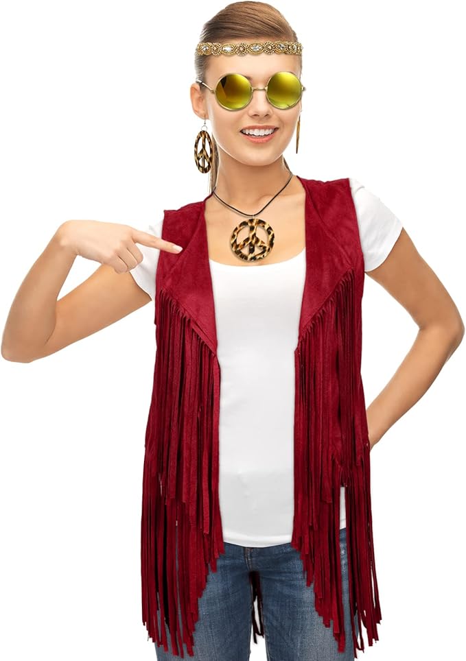 6 Pcs 60s 70s Outfits for Women Hippie Costume Set Peace Sign Earring Headband Fringe Vest Tassel Cardigan
