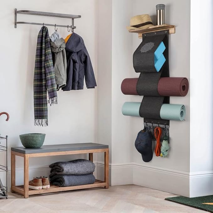 VINAEMO Yoga Mat Holder Accessories Wall Mount Organizer Storage Decor Foam Roller and Towel Storage Rack with 4 Hooks and Wooden Shelves Yoga Mats Rack Resistance Bands for Home Gym School Office