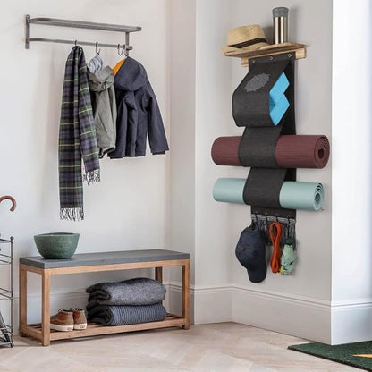 VINAEMO Yoga Mat Holder Accessories Wall Mount Organizer Storage Decor Foam Roller and Towel Storage Rack with 4 Hooks and Wooden Shelves Yoga Mats Rack Resistance Bands for Home Gym School Office