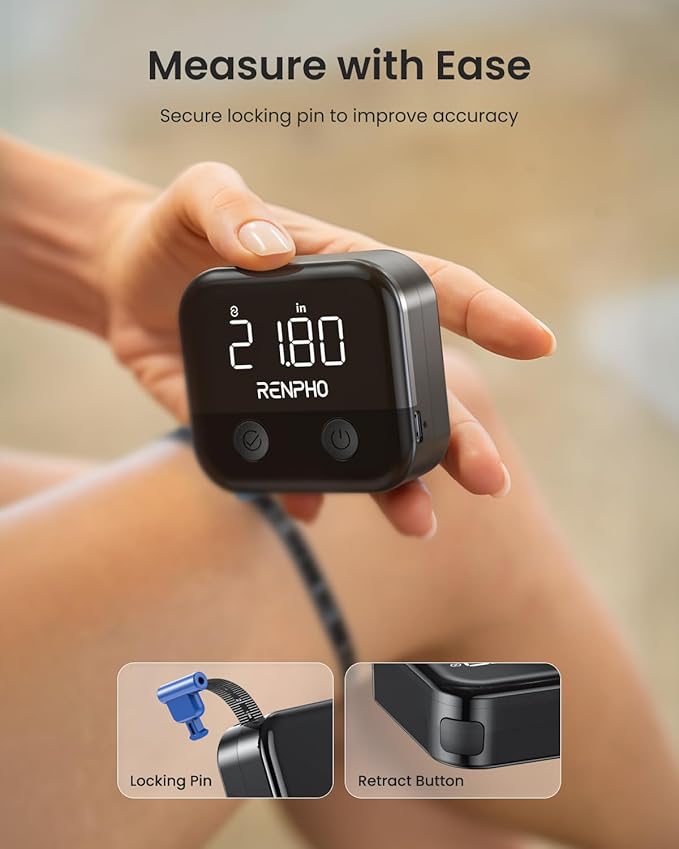 RENPHO Smart Body Measuring Tape, Rechargeable Tape Measure with LED Display, Measuring Tape for Body Measurements with App for Weight Loss & Fitness Shape, Retractable, 60in /150cm, Black