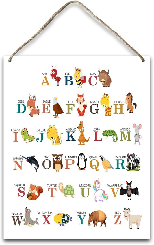 Animal Alphabet Educational Gift for Girl Boy Daughter Son Teacher Gift Hanging Plaque With Rope Home Wall Decor Sign for Nursery Bedroom Playroom Classroom School -38
