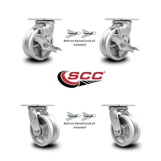V Groove Semi Steel Swivel Top Plate Casters Set 4 Heavy Duty with 5 Inch Wheels - Includes 2 Swivel with Brakes and Bolt on Swivel Locks and 2 Swivel with Bolt on Swivel Locks - Service Caster Brand