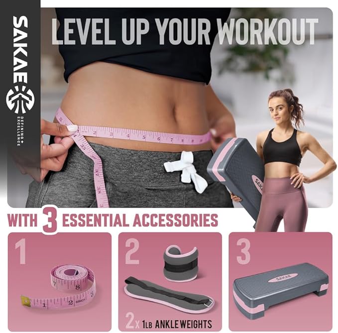 SAKAE Exercise Step Platform Set with Ankle Weights & Measuring Tape, Adjustable Height 2 Level Risers Workout Step Trainer, Aerobic Steppers for Home Gym Exercise Fitness Workout, Multiple Colors