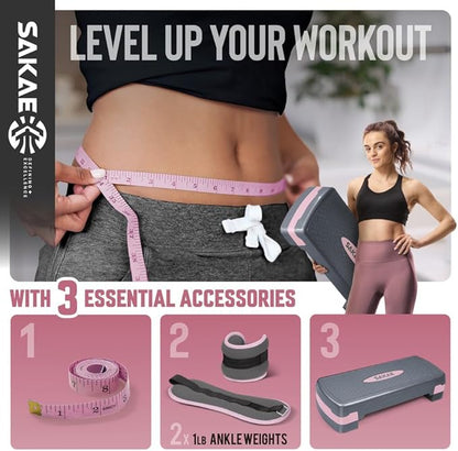 SAKAE Exercise Step Platform Set with Ankle Weights & Measuring Tape, Adjustable Height 2 Level Risers Workout Step Trainer, Aerobic Steppers for Home Gym Exercise Fitness Workout, Multiple Colors