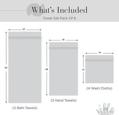 100% Combed Cotton Bathroom Towel Set of 8- 2 Bath Towels, 2 Hand Towels, 4 Wash Cloths, Sustainable, Soft, Highly Absorbent 8 Piece Cotton Bath Towel Set Ideal for Hotels, Spa, Bathroom, Dorm, White