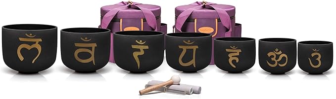 TOPFUND 6-12 inch Chakra Set of 7 Golden Sanskrit Black Crystal Singing Bowls with Carrying Cases and Mall