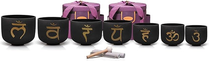 TOPFUND 6-12 inch Chakra Set of 7 Golden Sanskrit Black Crystal Singing Bowls with Carrying Cases and Mall