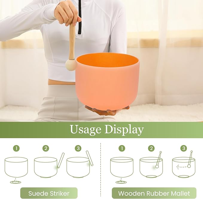 432HZ 8 Inchs D Note Orange Frosted Crystal Singing Bowl for Meditation Healing Yoga Chakra Quartz Crystal Sound Bowls with Heavy Duty Carry Case and Rubber Mallet,Suede Striker,O-rings