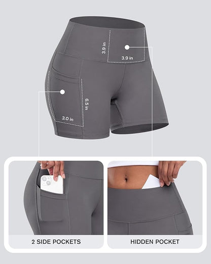 CHRLEISURE Womens Biker Yoga Shorts with Pockets: High Waisted Tummy Control Spandex Workout Athletic Gym Shorts 4 Packs