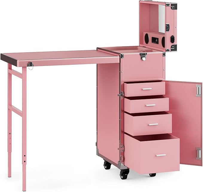 Icoget Portable Rolling Manicure Table for Nail Teach, Foldable Traveling Nail Desk w/Storage, Mobile Nail Table w/Audio and Mirror, Makeup Train Case Cosmetic Trolley, Pink