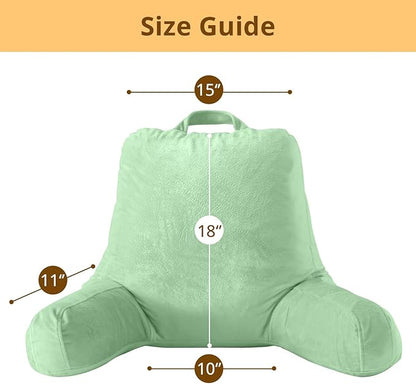 Sasttie Reading Pillow, Velvet Back Pillow for Bed Sitting Up, Adult Back-Rest Support Cushion with Arms for Sit Up on Couch, Sofa, and Floor, Dorm Essentials, Reading Accessories, Light Green