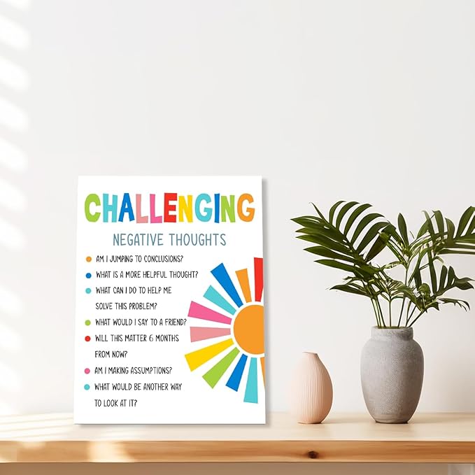 YEOION Challenging Negative Thoughts Wall Decor,Growth Mindset Wall Art Canvas Frame Print for Mental Health Therapy Office School Counselor Wall Decor