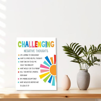 YEOION Challenging Negative Thoughts Wall Decor,Growth Mindset Wall Art Canvas Frame Print for Mental Health Therapy Office School Counselor Wall Decor