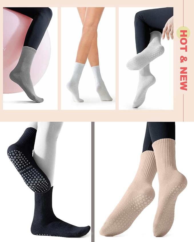 5 Pairs Pilates Grip Socks Yoga Socks with Grips for Women, Non-Slip Athletic Socks for Ballet, Dance, Workout, Hospital