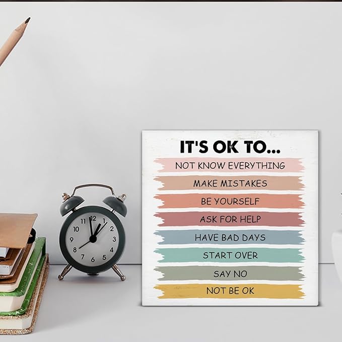 Positive Affirmations Sign It's Okay to Not Be Okay Wood Block Sign Mental Health Decorative Desk Sign Classroom Playroom School Counselor Therapy Office Home Shelf Tabletop Decor 5 X 5 Inches