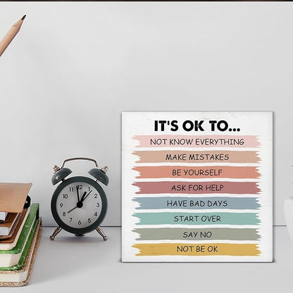 Positive Affirmations Sign It's Okay to Not Be Okay Wood Block Sign Mental Health Decorative Desk Sign Classroom Playroom School Counselor Therapy Office Home Shelf Tabletop Decor 5 X 5 Inches