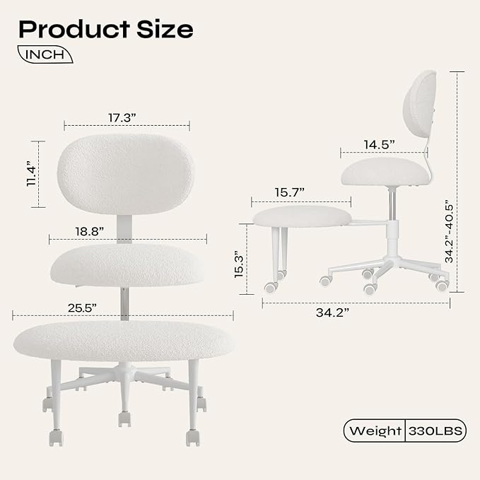 Ergonomic Cross Legged Office Chair with Wheels, ADHD Chair for Adults, Meditation Chair, Yoga Office Chair, Comfortable Back Support, Height Adjustable,Small Spaces, Teddy Fabric, White
