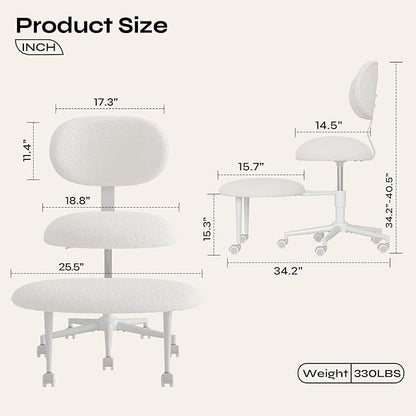 Ergonomic Cross Legged Office Chair with Wheels, ADHD Chair for Adults, Meditation Chair, Yoga Office Chair, Comfortable Back Support, Height Adjustable,Small Spaces, Teddy Fabric, White