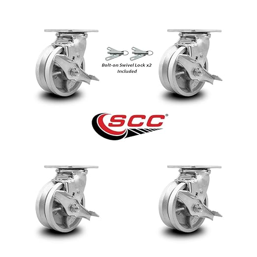 Service Caster Brand Heavy Duty Cast Iron Swivel Top Plate Casters Set of 4 - 5 Inch Wheels with Brakes and Bolt on Swivel Locks