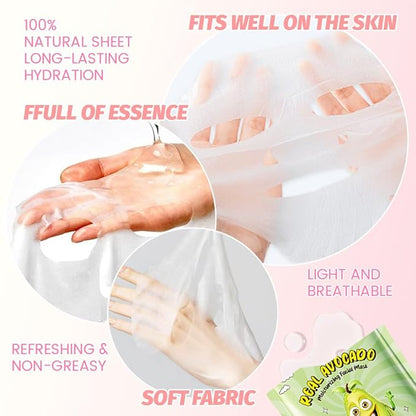 8 PCS Real Hydrating Nature Face Masks Skincare, Hyaluronic Acid, Vitamin C and E, Chamomile, Korean Beauty Essence Facial Paper Sheet Mask for Skin Care Moisturizing (Avocado)