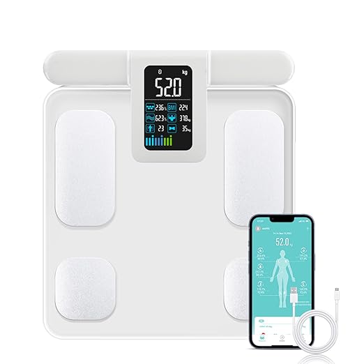 Fitdays Smart Body Fat Scale | Advanced 8-Electrode Technology for BMI/20+ Body Metrics | Full-Color LED & High Precision | Bathroom Weight Scale for Fitness/Weight Loss (FG2015ULB-White)