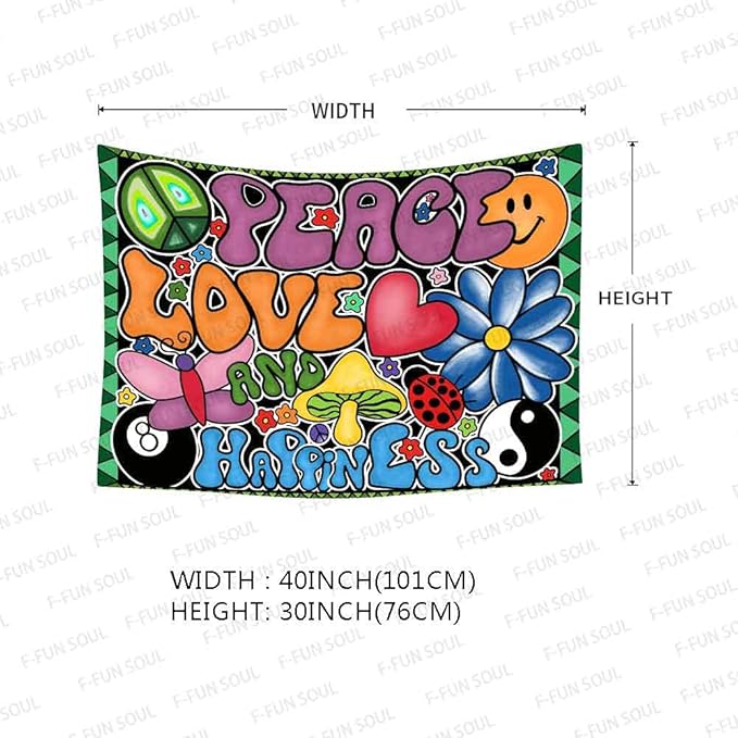 F-FUN SOUL Peace Love and Happiness Groovy 40x30in Soft Flannel Tapestry, 70s Theme Party Wall Hanging for Bedroom Living Room Decor