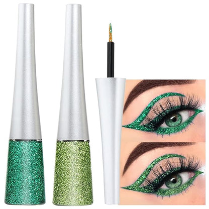 evpct 2Pcs Dark Light Emerald Green Glitter Liquid Eyeliner Makeup Sets Green Glitter Metallic Shimmer Eye Liner Pencil Liquid Eyeshadow for Women delineador con glitter de colores para ojos colores