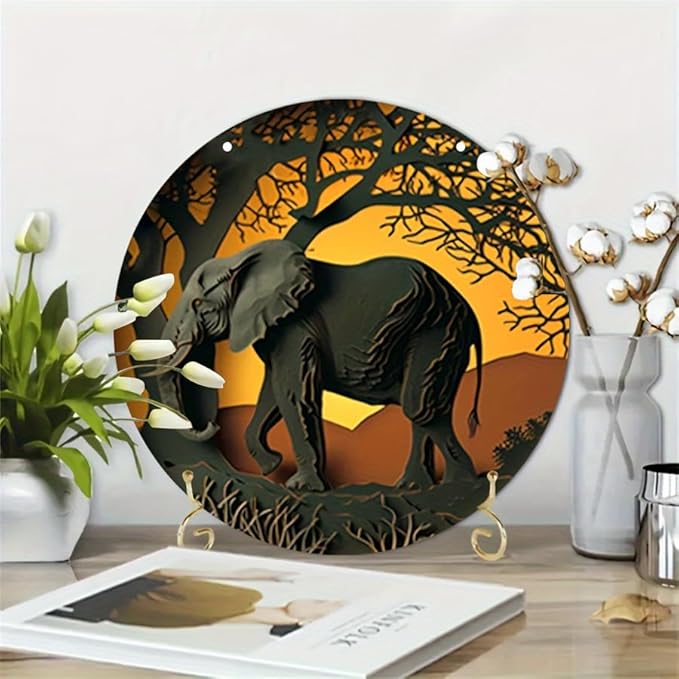 1pc 8x8in/20cm*20cm Round Wooden Hanging Sign, Imitation Hollow Painting Round Garland Sign Sign, Office Decor, Women's Gift Elephant Theme Decoration, Home Decor