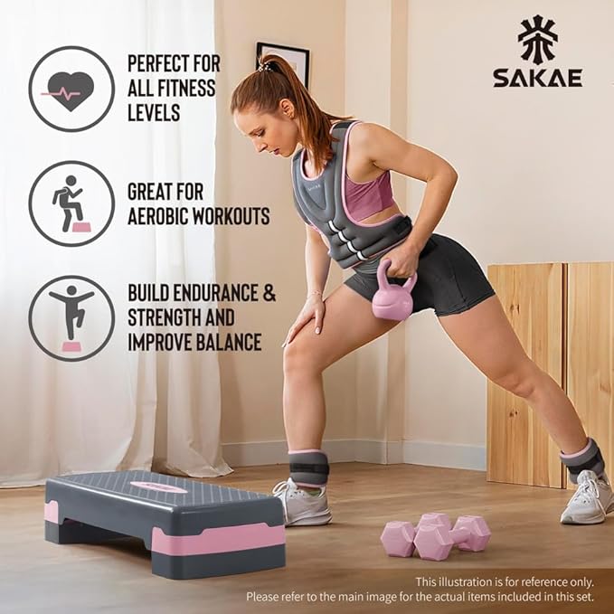 SAKAE Exercise Step Platform Set with Ankle Weights & Measuring Tape, Adjustable Height 2 Level Risers Workout Step Trainer, Aerobic Steppers for Home Gym Exercise Fitness Workout, Multiple Colors