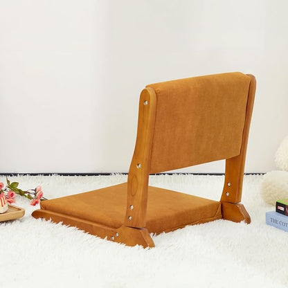 HollyHOME Foldable Japanese Style Floor Chair with Back Support, Tatami Chair with Cushion, Meditation Seat for Bay Window, Living Room, Bedroom, Pumpkin Color