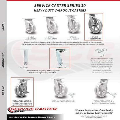 V Groove Semi Steel Cast Iron Swivel Top Plate Heavy Duty Caster with 8 Inch Wheel and Top Lock Brake – 1,250 lbs. Capacity/Caster - Service Caster Brand