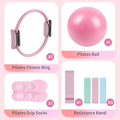 Pilates Essential Kit - Home Pilates Equipment Set - with Toning Pilates Ring & Long Resistance Bands & 3 Level Pilates Loop Bands & Soft Pilates Ball & Pilates Grip Socks