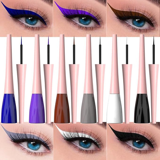 evpct 6Pcs Dark Blue Violet Maroon Grey White Black Liquid Eyeliner Set Waterproof Eye Liners for Women, Eyes Wing Colored Eyeliner delineador de ojos a prueba de agua contra el agua blanco para ojos