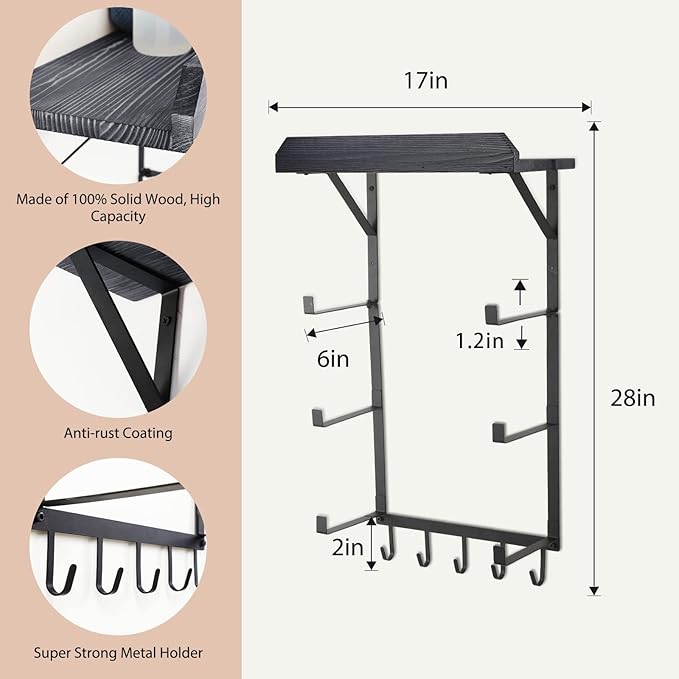 Yoga Mat Holder Wall Mount,17" x 28" Yoga Mat Rack Home Gym Accessories, Storage for Foam Roller, with Wood Floating Shelves for Hanging Yoga Strap and Resistance Bands