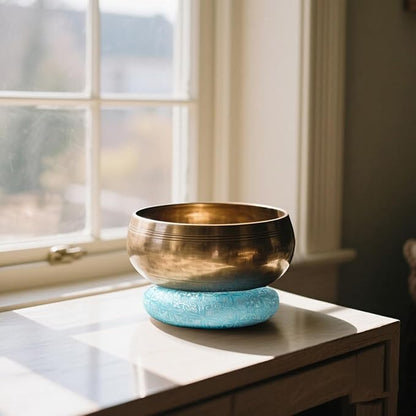 Singing Bowl Cushion for Tibetan Singing Bowls, Handmade Silk Brocade Round Cushion Pillow for Sound Healing and Crystal Sound Bowls Accessories(CyanBlue,6.7 Inch)