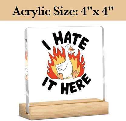 Mental Health Decor, Motivational Gifts for Women Men, Anxious Goose Inspirational Kindness Acrylic sign with Wooden office Accessories Bedroom Dorm Apartment Decor-Silly Goose I Hate It Here