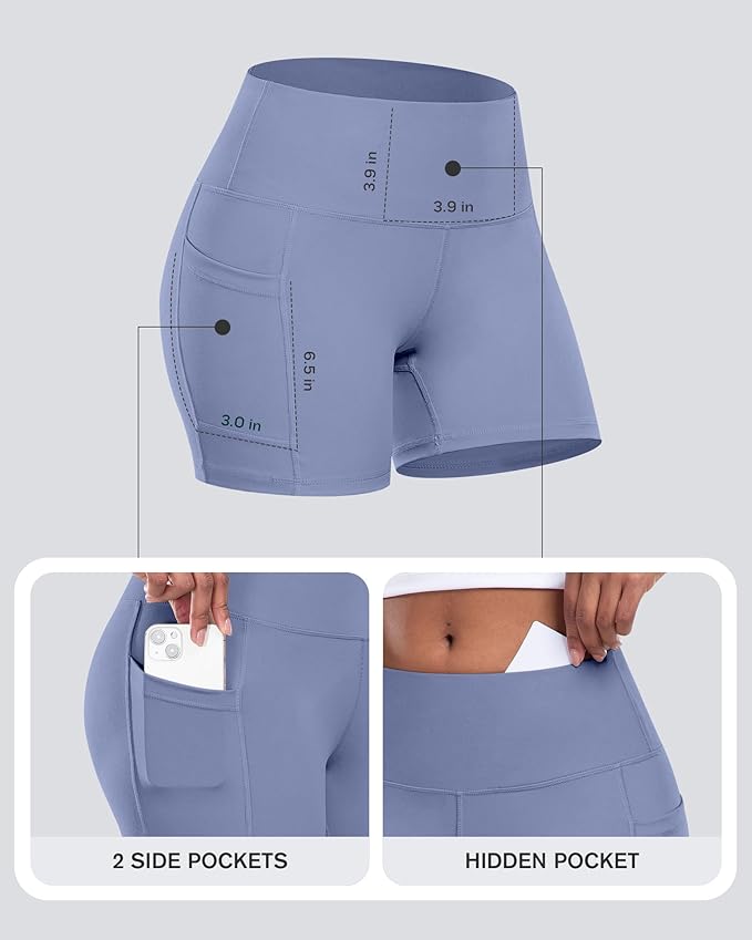 CHRLEISURE Womens Biker Yoga Shorts with Pockets: High Waisted Tummy Control Spandex Workout Athletic Gym Shorts 4 Packs