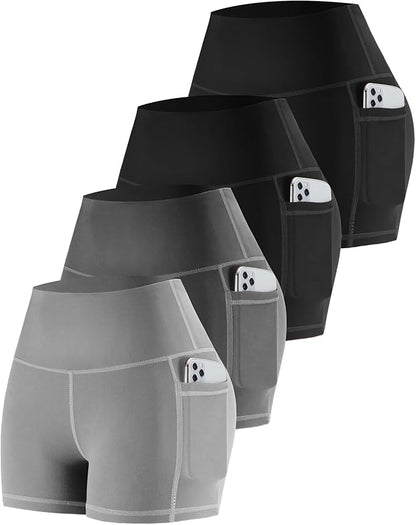 CHRLEISURE Womens Biker Yoga Shorts with Pockets: High Waisted Tummy Control Spandex Workout Athletic Gym Shorts 4 Packs