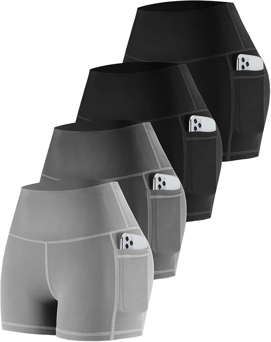 CHRLEISURE Womens Biker Yoga Shorts with Pockets: High Waisted Tummy Control Spandex Workout Athletic Gym Shorts 4 Packs