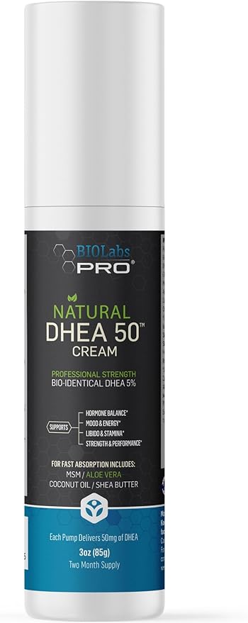 DHEA Cream 50mg for Women and Men, Maximum Strength Natural DHEA Cosmetic Formulation for Skin Hydration Balance, Pure, Non-GMO, Gluten-Free, Paraben-Free, Skin Cream 2-Month Supply (Unscented - 3oz)
