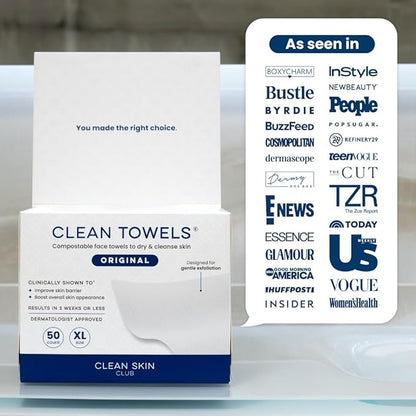 Clean Skin Club Clean Towels XL®, 100% USDA Biobased Face Towel, Disposable Face Towelette, Eczema Association Accepted, Makeup Remover Dry Wipes, Ultra Soft, 50 ct per pack, 6 Packs, 300 Ct Total