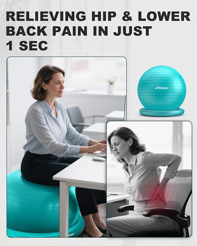 Trideer Exercise Yoga Ball Chair with Base for Home Office Desk, Stability & Fitness Ball Seat to Relieve Back Pain, Home Gym Workout for Abs, Pregnancy Ball with Pump
