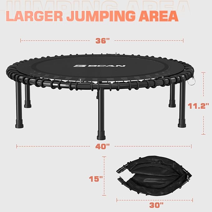 BCAN 450LBS/550LBS Foldable Mini Trampoline, 40"/48" Fitness Trampoline with Durable Bungees, Stable & Quiet Exercise Rebounder for Adults,Great Mini Trampoline for Indoor/Garden Workout - 2