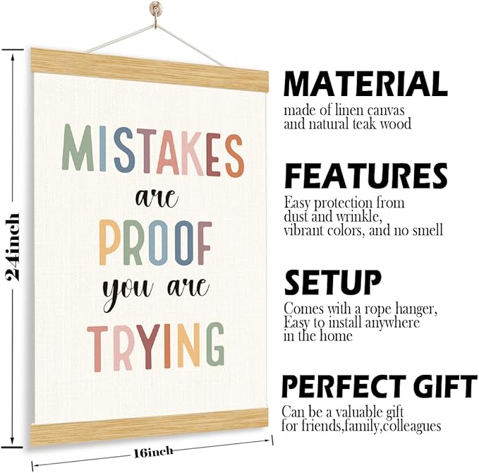 Mistakes Are Proof You Are Trying Sign, Therapy Office Decor, Wood Poster Hanger, Classroom Decor, Mental Health Posters, Therapy Wall Art, Psychotherapy Poster Decoration