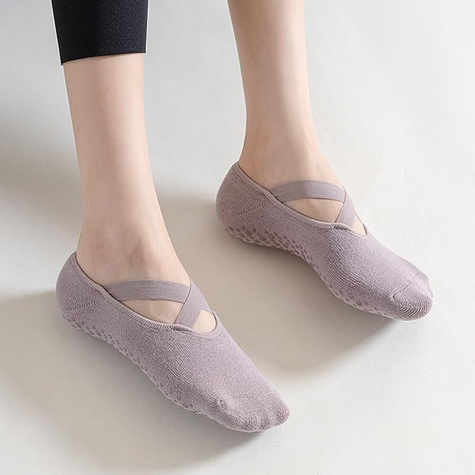 CHUNFO Grip Socks Womens Pilates Yoga Barre Non Slip Stripes Cotton Ankle Anti-Skid Sock Size 5-10