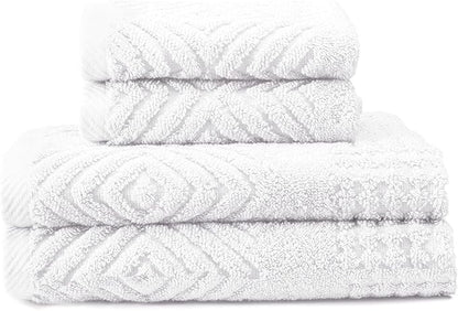 Texere 100% Organic Cotton Diamond Jacquard 700 GSM Luxury Bath Towel Sets - Ultra Soft and Absorbent Hotel and Spa Quality (Diamond, Bright White, 2 Hand & 2 Wash Towels)