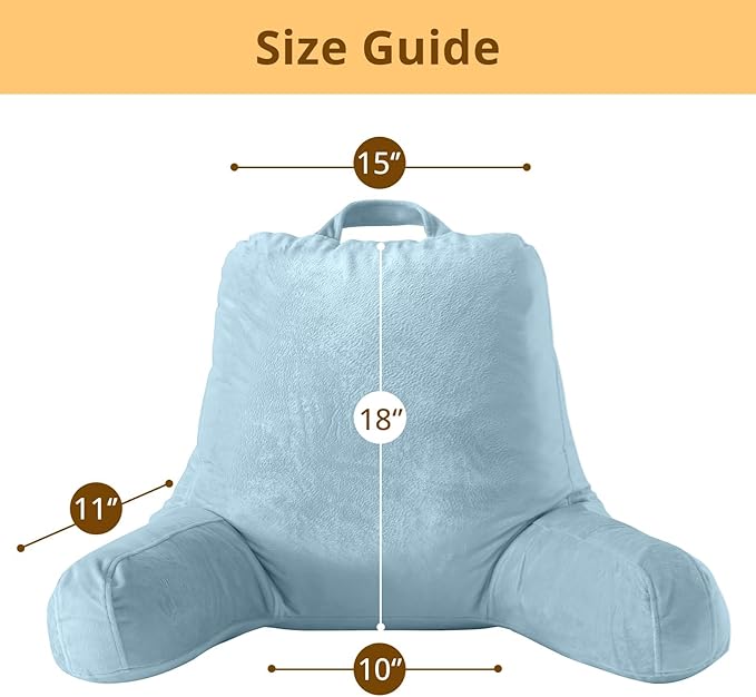 Sasttie Reading Pillow, Velvet Back Pillow for Bed Sitting Up, Adult Back-Rest Support Cushion with Arms for Sit Up on Couch, Sofa, and Floor, Dorm Essentials, Reading Accessories, Dusty Blue