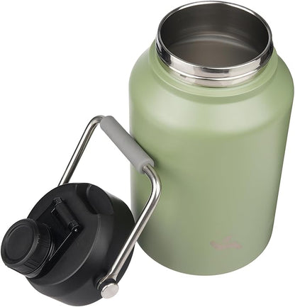 1 Gallon Jug with Handle,128 oz Insulated Water Bottle with Carrying Pouch, Double Wall Vacuum Stainless Steel Metal Bottle,Camp Green