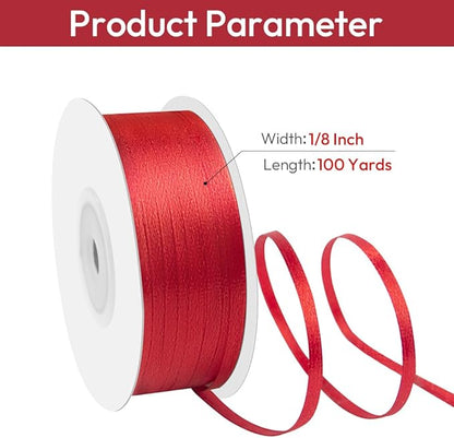 1/8" Width x 100 Yards Satin Ribbon, Thin Red Ribbon Perfect for DIY Craft, Bows, Gift Wrapping, Flower Bouquet, Valentine's Day, Christmas and Party Decoration